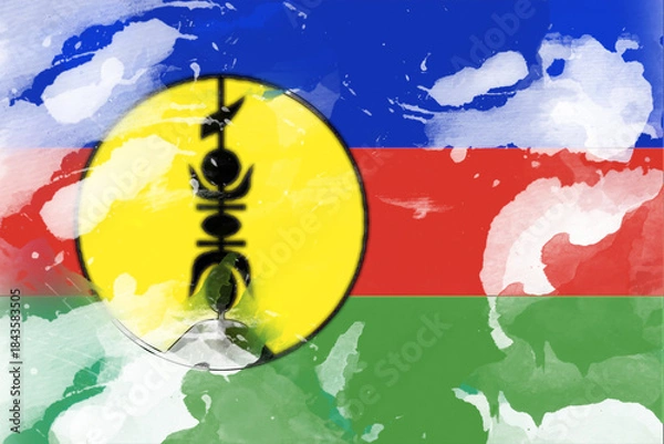 Fototapeta Vibrant watercolor illustration of the New Caledonia flag featuring the distinctive Kanak flèche faîtière, blending artistic style with national symbolism and evoking a sense of
