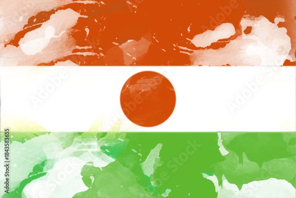 Fototapeta Artistic interpretation of a national flag featuring horizontal bands of orange, white, and green, with an orange circle in the center, rendered in a watercolor style for a soft and