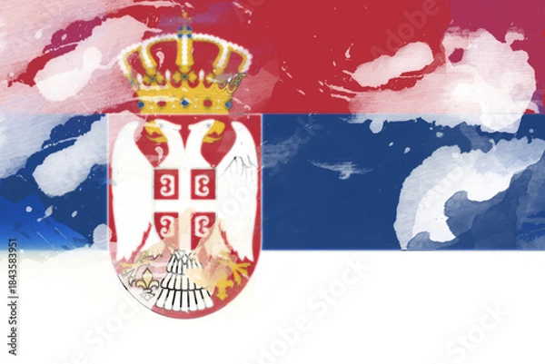 Fototapeta Artistic interpretation of the Serbian flag, rendered with watercolor-like textures, displaying the national colors and coat of arms in a fluid and emotive style, evoking a sense of