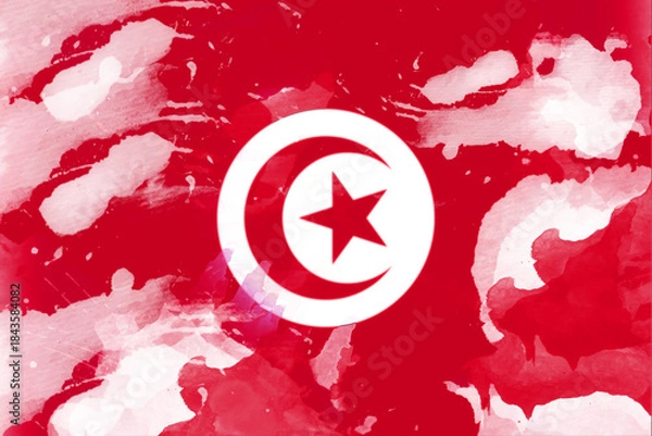 Fototapeta An artistic representation of the Tunisian flag uses a watercolor effect, blending red tones and a white crescent and star in a visually expressive manner, capturing national identity.