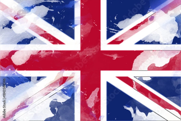 Fototapeta A digitally rendered watercolor style of the United Kingdom flag, exhibiting a patriotic theme with artistic brush strokes, splatters and texture that creates a unique and visually