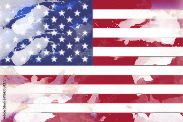 Fototapeta An artistic rendition of the American flag is presented with a watercolor wash effect, creating a textured, semi-transparent visual impact that combines patriotism and creative