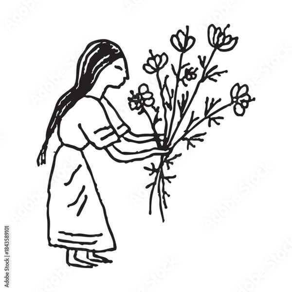 Obraz Gentle Offering – Minimal Hand-Drawn Illustration with Flowers