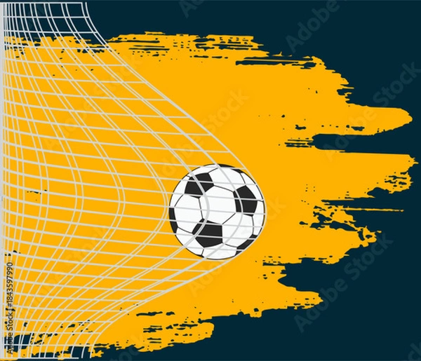Fototapeta Soccer ball hitting a goal net against a distressed orange and navy blue background. Dynamic, sporty illustration of scoring.