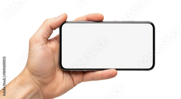 Obraz Hand holding modern smartphone mockup horizontally with blank white screen isolated on white