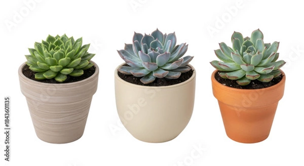 Obraz 白い背景に並べられた3つの多肉植物の鉢植え