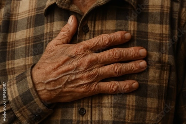 Obraz Close-up of elderly man hand on his chest, gesture signify heart and cardiovascular system health concerns, medical issues, or relief after treatment. Themes healthy old age, care, and well-being