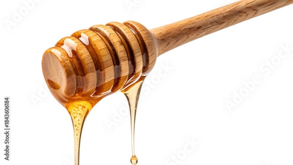 Fototapeta Golden Honey Dripping from Wooden Dipper Stick on White Background - Honey Dripping From Wooden Dipper