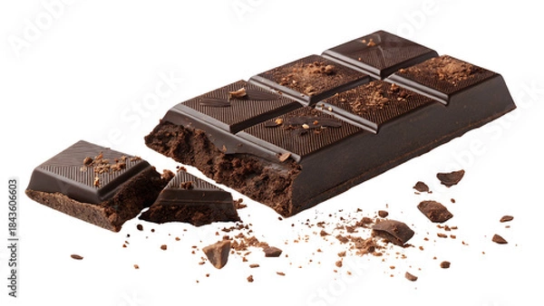 Fototapeta Rich Dark Chocolate Bar - Broken Squares and Cocoa Powder Crumbles