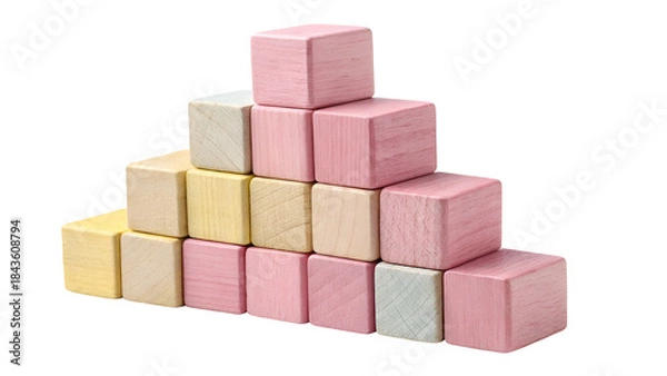 Fototapeta Pastel Wooden Building Blocks Set - Educational Toy Colorful Wooden Blocks On White Background