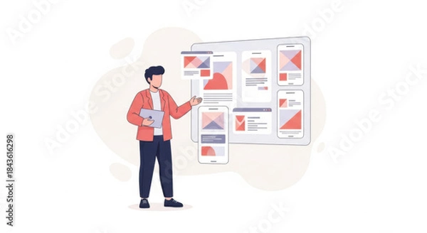 Fototapeta Business Analyst Presenting Digital Ui Wireframes on Large Screen