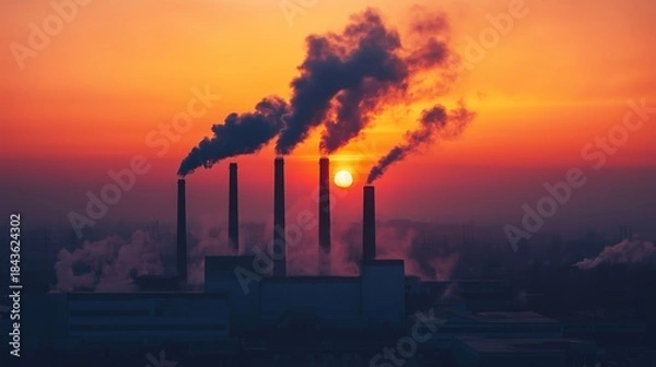 Obraz Industrial Smokestacks at Sunset
