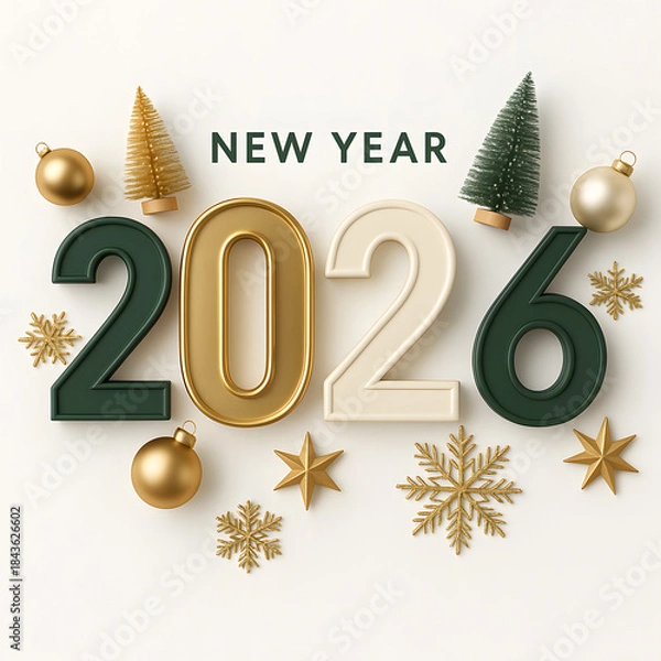 Fototapeta 白背景の2026年新年デザインとゴールド装飾