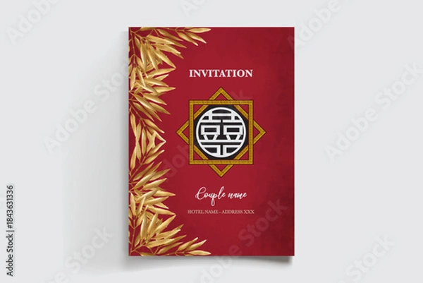 Fototapeta WEDDING INVITATION FRAME WITH FLOWER DECORATIONS AND FRESH LEAVES