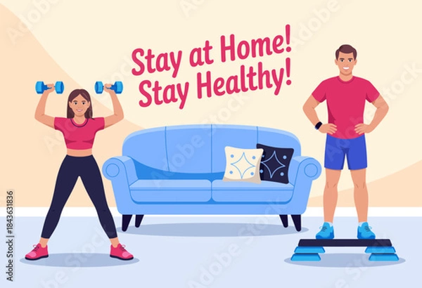 Fototapeta A woman is exercising at home with dumbbells, while a man stands on a step, promoting a healthy lifestyle and the importance of staying fit during challenging times at home.