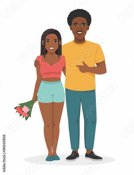 Fototapeta This captivating illustration portrays a happy diverse couple holding flowers, celebrating love and connection, demonstrating unity and vibrancy in relationships.