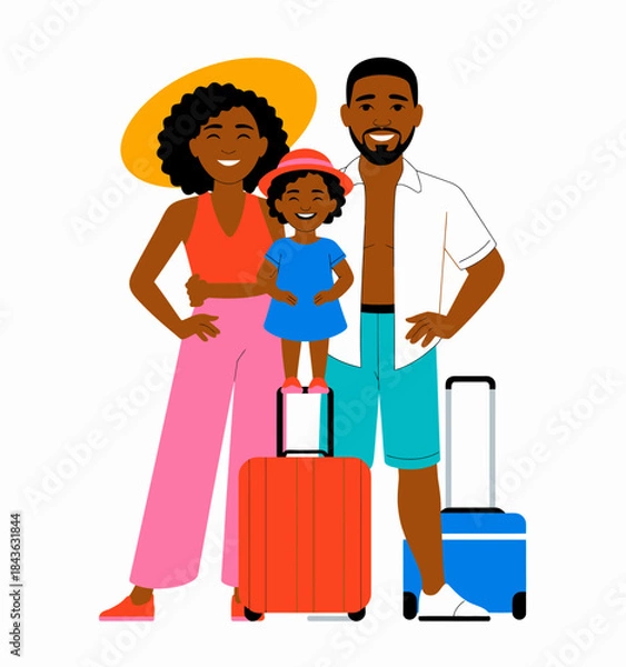 Fototapeta A cheerful family poses with their luggage, embodying excitement and joy for their upcoming vacation, representing the essence of travel and togetherness and adventure.