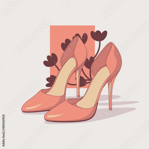 Fototapeta A pair of elegant pink high heels are presented with a floral background, showcasing fashion, femininity, and elegance while emphasizing stylish footwear in contemporary design.