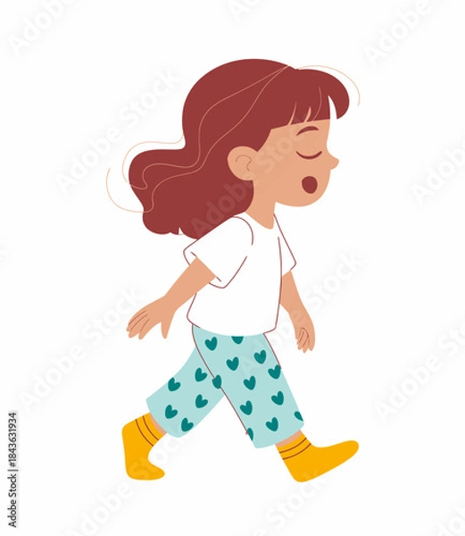 Fototapeta A joyful girl in playful heart-patterned pants walks with a cheerful expression, embodying innocence and the carefree spirit of childhood in a bright, colorful design.