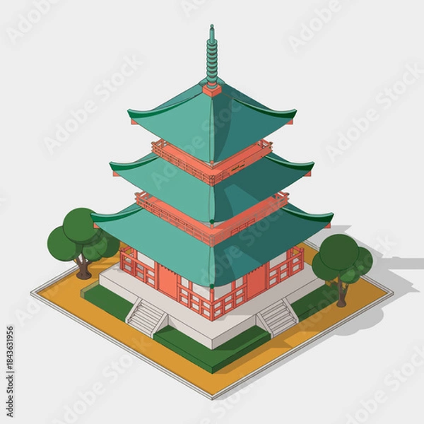 Fototapeta A strikingly designed pagoda showcasing a traditional architectural style with a multi-tiered roof, symbolizing cultural heritage and artistic elegance.
