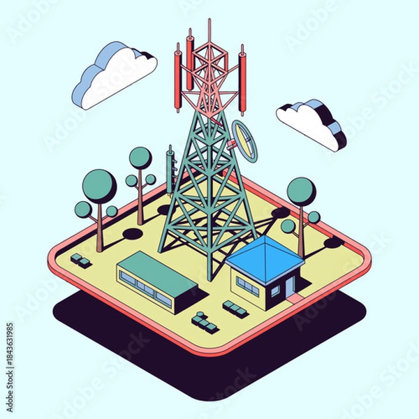 Fototapeta This unique illustration showcases a telecom tower set in a serene landscape, blending technology and nature, emphasizing modernity and connectivity.