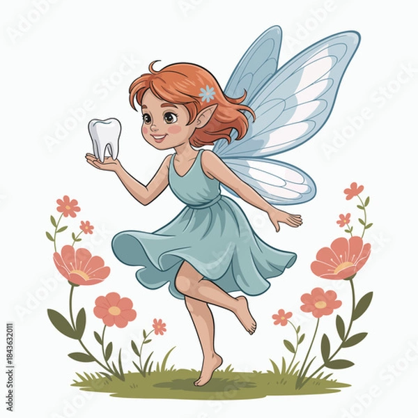 Fototapeta The enchanting image of a smiling tooth fairy holding a lost tooth surrounded by blooming flowers evokes feelings of magic, childhood wonder, and joy associated with growing up.