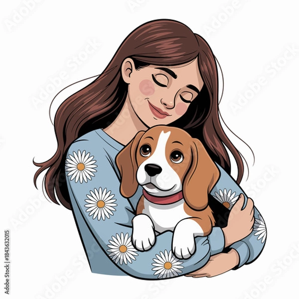 Fototapeta A girl embraces her adorable Beagle dog, radiating joy and companionship, perfectly encapsulating the bond between pets and their owners in a warm and loving atmosphere.