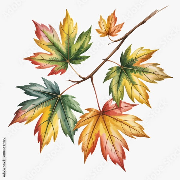 Fototapeta An illustration of maple leaves in vibrant autumn colors, showcasing the beauty of nature with rich gradients and a dynamic composition on a white background.