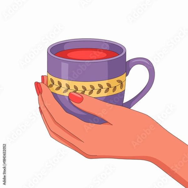 Fototapeta An artistic representation of a hand holding a beautifully designed cup filled with red tea, symbolizing warmth, comfort, and the joy of simple pleasures.