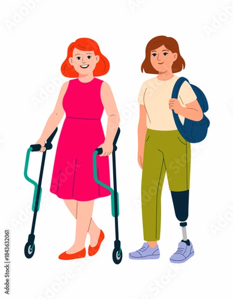 Fototapeta An empowering illustration of two women walking, one using a mobility aid, celebrating accessibility and friendship, emphasizing support and resilience in overcoming challenges.