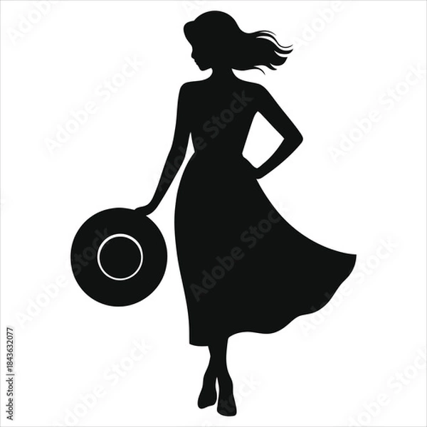 Obraz Elegant Silhouette of a Woman in a Flowing Spring Dress Holding a Sun Hat. Black Vector Illustration of a Girl with Wavy Hair for Summer Fashion, Travel, Vacation, and Minimalist Lifestyle Designs.