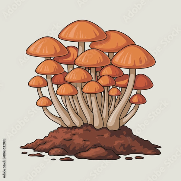 Fototapeta An artistic representation of orange mushrooms nestled in brown soil, celebrating nature's vitality and the unique beauty of fungi in a fairytale-like setting.
