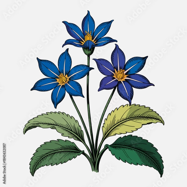 Fototapeta An artistic illustration of striking blue flowers with vibrant green leaves, symbolizing beauty, nature, and vitality that can brighten up any space.