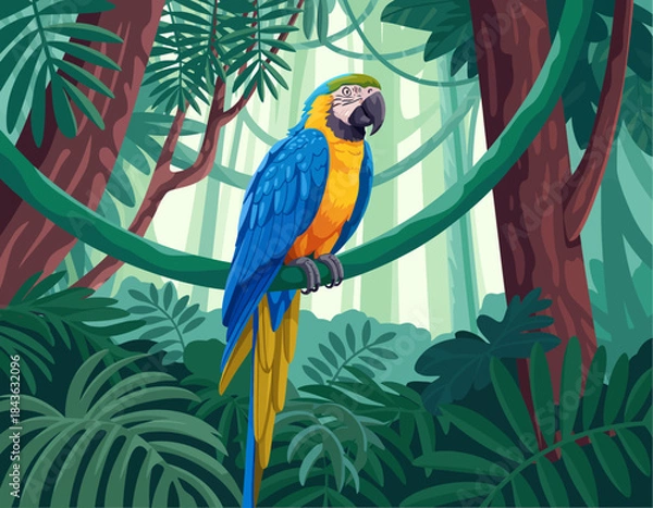 Fototapeta A striking blue and yellow macaw perched on a branch amidst vibrant greenery, symbolizing the beauty and richness of wildlife in its natural rainforest habitat.