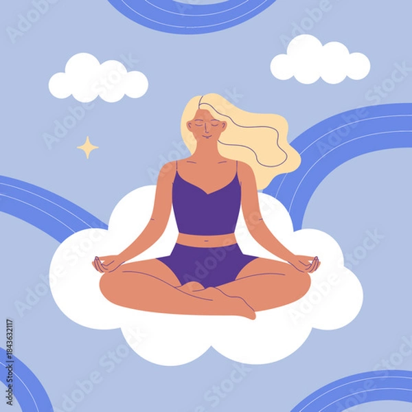 Fototapeta A serene woman meditating peacefully on a fluffy cloud, surrounded by rainbows and soft clouds, representing tranquility, mindfulness, and inner peace in a whimsical manner.