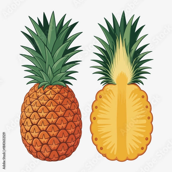Fototapeta This bright illustration features a whole pineapple alongside its sliced counterpart, showcasing the vibrant colors and textures that symbolize freshness and tropical vibes.
