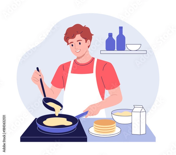 Fototapeta A cheerful figure in a kitchen prepares delicious pancakes, showcasing culinary skills and the joy of home cooking in a light, friendly atmosphere that invites creativity.