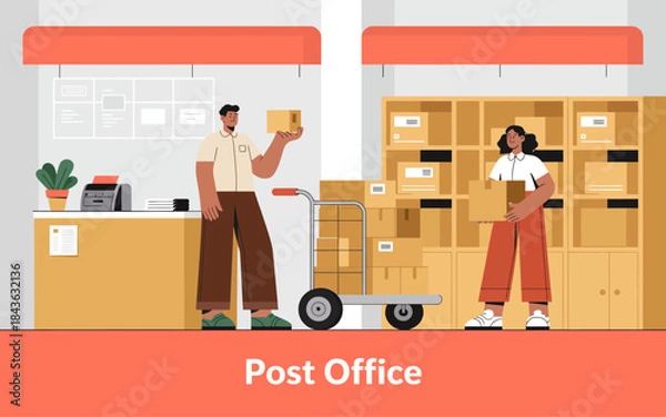 Fototapeta A lively scene illustrated inside a post office featuring two workers sorting packages, depicting the vital role of postal services in modern society and communication.