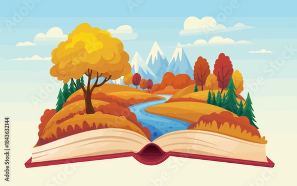 Fototapeta A captivating scene of autumn foliage depicted in an open book, featuring vibrant trees, a meandering river, and majestic mountains, symbolizing nature's beauty and storytelling.