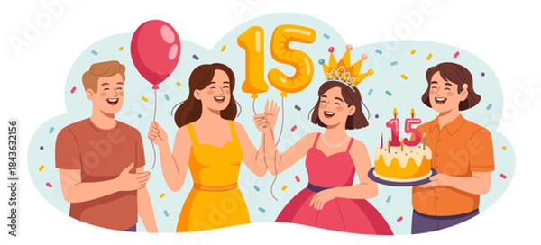 Fototapeta A joyful birthday celebration scene featuring friends surrounded by decorations, balloons, and cake, capturing the essence of fun and togetherness.