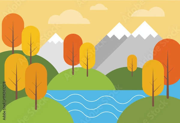 Fototapeta A bright, abstract landscape featuring rolling hills, a serene river, and colorful autumn trees, creating a peaceful atmosphere that represents nature's beauty and tranquility.