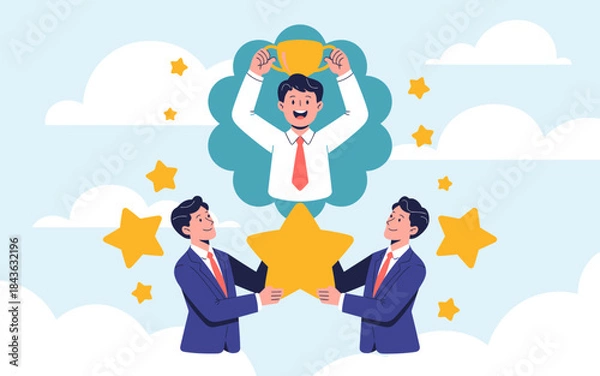 Fototapeta In this vibrant illustration, a business team celebrates their success by holding up a giant star, embodying triumph, teamwork, and the pursuit of excellence in the workplace.