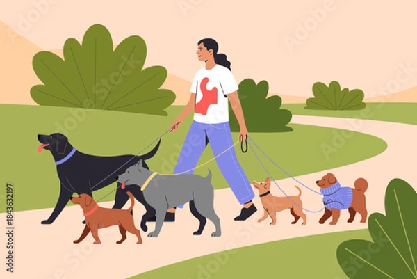 Fototapeta A joyful woman walking a group of dogs in a vibrant park setting, illustrating companionship, animal care, and the joy of outdoor activities with multiple furry friends.