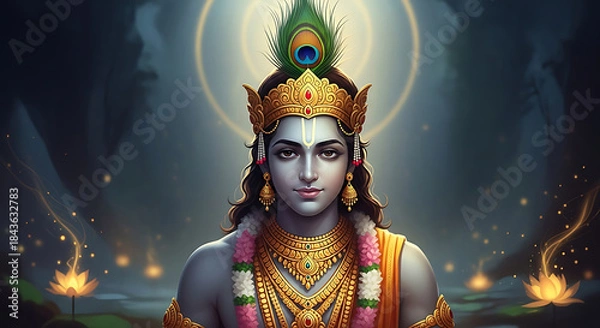 Obraz Lord Krishna with peacock feather and golden crown