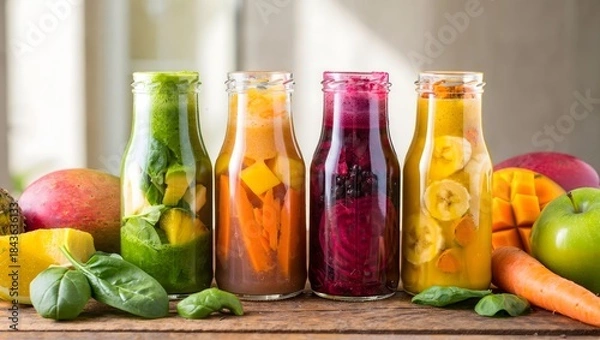 Obraz Colorful Assorted Juices and Fresh Fruit Still Life