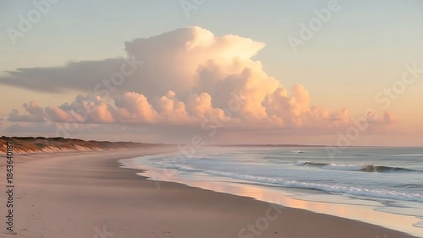 Fototapeta Serene coastal sunrise illuminates a tranquil beach with gentle waves and a dramatic cloud formation in the sky