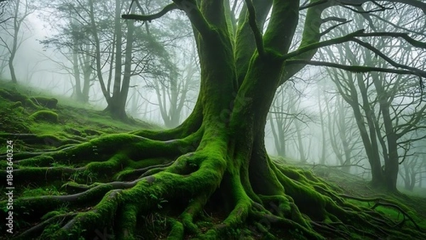 Fototapeta Mystical ancient forest with gnarled roots covered in vibrant moss, shrouded in ethereal fog, a truly enchanting natural spectacle