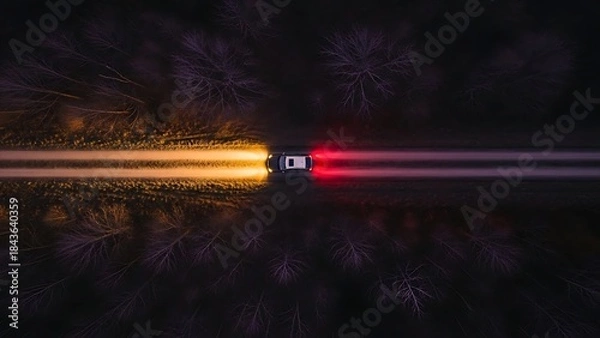 Fototapeta Striking aerial perspective of a car navigating a winding road at night, its powerful golden headlights blazing a trail and crimson taillights creating a dramatic glow in the deep, shadowy woods