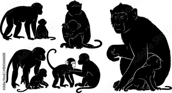 Obraz Monkey Silhouette Collection – Primate Poses Black Vector Set
