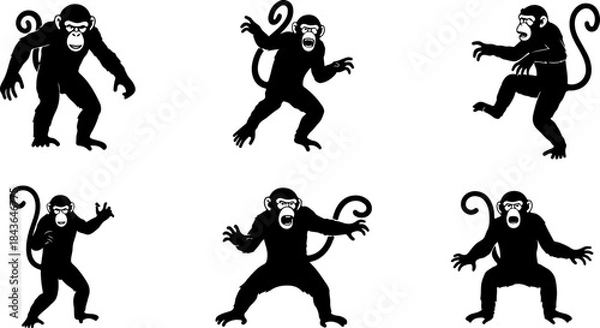 Obraz Monkey Silhouette Collection – Primate Poses Black Vector Set